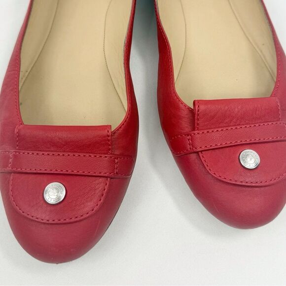 Longchamp Red Leather Logo Snap Toe Italian Made Slip On Classic Ballet Flats - Picture 10 of 15